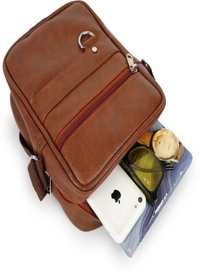 Alison Gloss Leather Small Sling Bag for Men | Chest Slinger bag | Crossbody Bag| Side Bag Men | Mini Leather Slings | Corporate Gift Item | Passport Document Sling (Tan) - Image 4